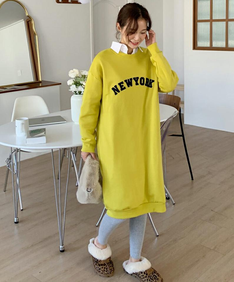 裏起毛NEWYORKスウェットワンピース・全4色・b66405 レディース 【ops】韓国ファッション ワンピース ミディ ミディワンピース 長袖 ラウンドネック 裏起毛 レタリング 英字 ロゴ スウェットワンピース 大人 ミディグ丈 シンプル 体型カバー 秋 冬