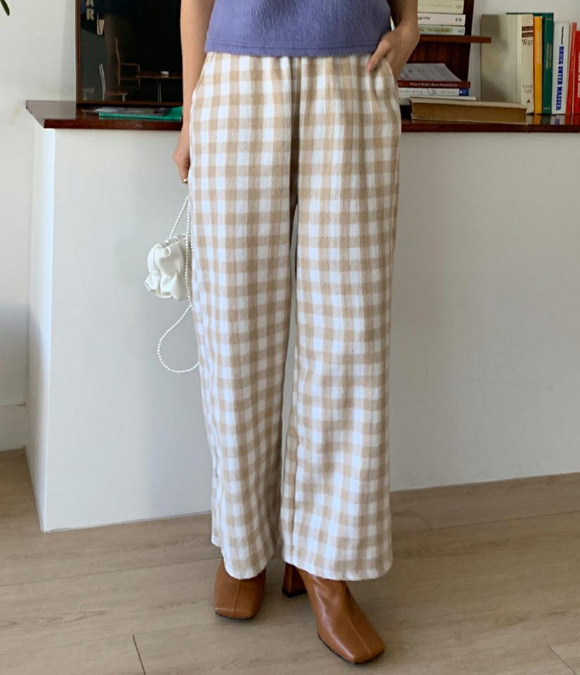 【新作10%OFF】起毛チェックワイドパンツ・全3色・t66400 レディース 【pt】韓国ファッション ボトムス ロング ロングパンツ 起毛 チェック ワイドヘリンボーン ポケット ストレート パンツ シンプル 体型カバー カジュアル フェミニン 秋 冬
