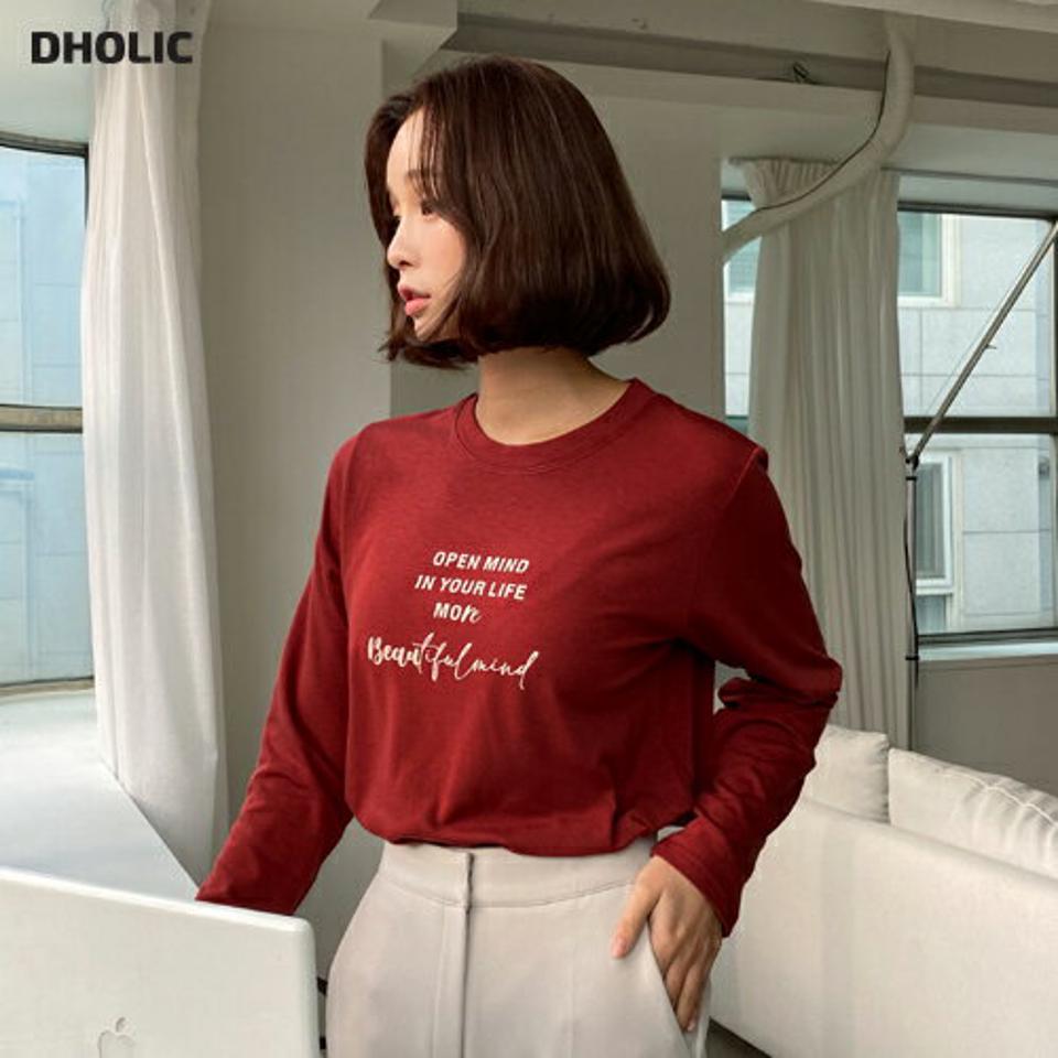 裏起毛レタリングサイドスリットTシャツ・全4色・b66003 レディース 【tops】韓国ファッション トップス Tシャツ 大人 長袖 ラウンドネック 裏起毛 レタリング ロゴ スリット スリム シンプル 細身 フェミニン カジュアル 秋 冬
