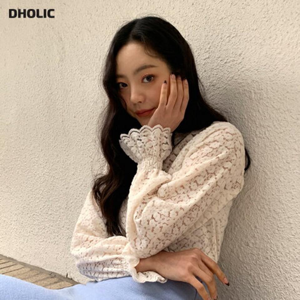 起毛フローラルレースブラウス・全3色・b65961 レディース 【bl】韓国ファッション トップス ブラウス 長袖 ハーフネック 起毛 花柄 フラワー フローラル レース シャーリング シンプル 大人 体型カバー カジュアル フェミニン 秋 冬