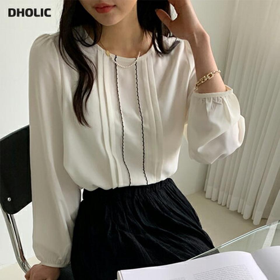 スカラップ刺?ピンタックブラウス・全3色・65964 レディース 【bl】韓国ファッション トップス ブラウス 長袖 ラウンドネック スカラップ 刺? ピンタック ボタン パフスリーブ シンプル 大人 体型カバー カジュアル フェミニン 秋 冬