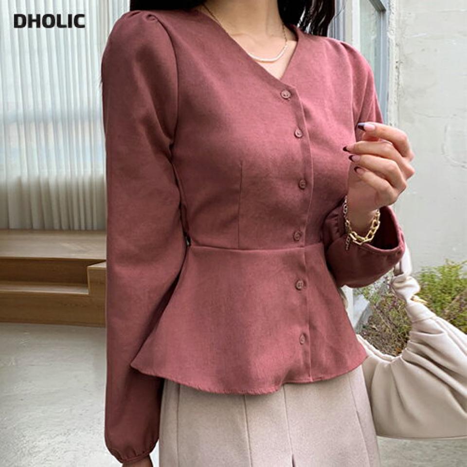 起毛Vネックリボンブラウス・全3色・t65963 レディース 【bl】韓国ファッション トップス ブラウス 長袖 Vネック リボン 起毛 ボタン 無地 シンプル リボン スリム 大人 体型カバー カジュアル フェミニン デイリー 秋 冬