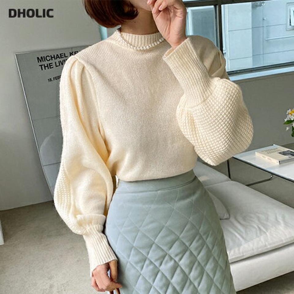 バックワッフルパフニット・全3色・b65966 レディース 【tops】韓国ファッション トップス ニット 大人 長袖 ラウンドネック パフスリーブ バックワッフル カラーニット 異素材 シンプル 体型カバー フェミニン カジュアル 秋 冬