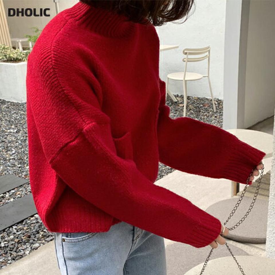 【只今10%OFF】ハイネックポケットクロップドニット・全4色・b65968 レディース 【tops】韓国ファッション トップス ニット 大人 長袖 ハイネック ポケット クロップド丈 異素材 厚手 カラーニット 無地 シンプル 体型カバー フェミニン カジュアル 秋 冬【ニットセール】