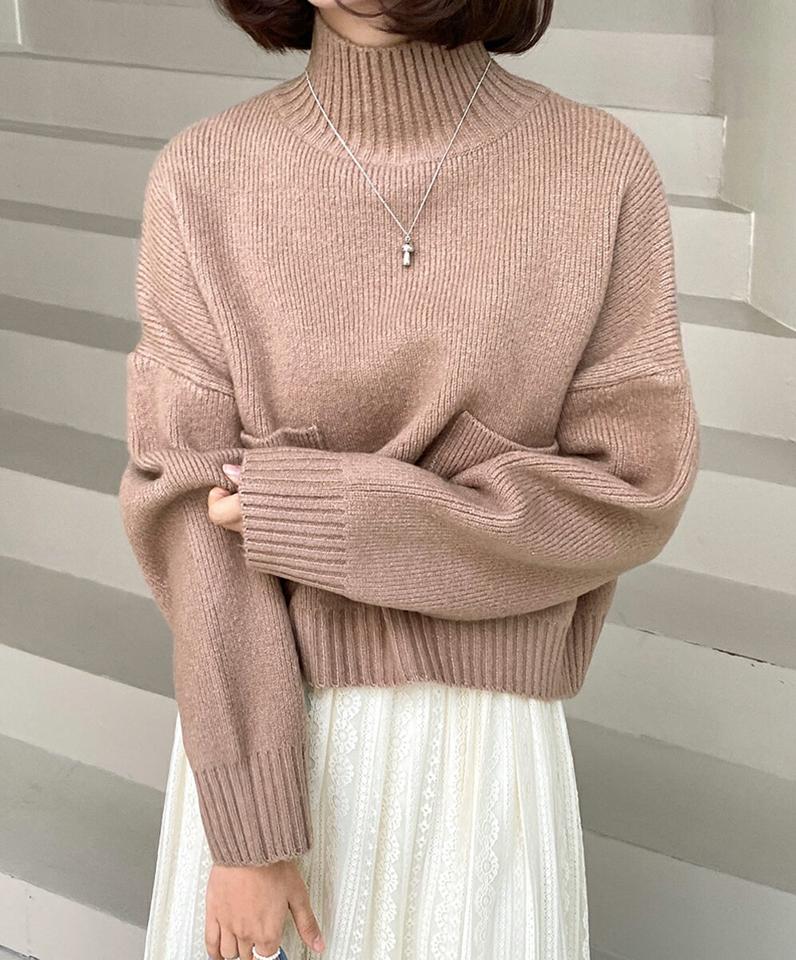 【只今10%OFF】ハイネックポケットクロップドニット・全4色・b65968 レディース 【tops】韓国ファッション トップス ニット 大人 長袖 ハイネック ポケット クロップド丈 異素材 厚手 カラーニット 無地 シンプル 体型カバー フェミニン カジュアル 秋 冬【ニットセール】