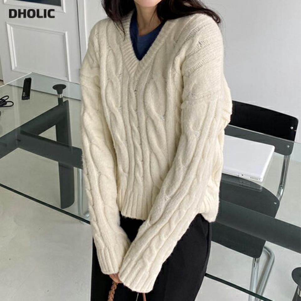 Vネックケーブルクロップドニット・全4色・t65969 レディース 【tops】韓国ファッション トップス ニット 大人 長袖 Vネック ケーブル編み クロップド丈 ドロップショルダー 異素材 シンプル フェミニン カジュアル 秋 冬