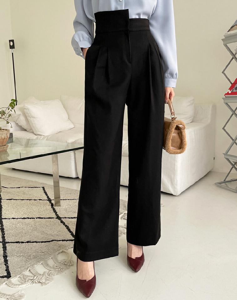 アンバランスワイドスラックス・全2色・b71324 レディース 【pt】スラックス パンツ ズボン ロングパンツ 長ズボン ワイドスラックス ワイドパンツ 単色 無地 シンプル 大人 オフィスカジュアル 秋 冬 韓国ファッション ハイホリHIHOLLI