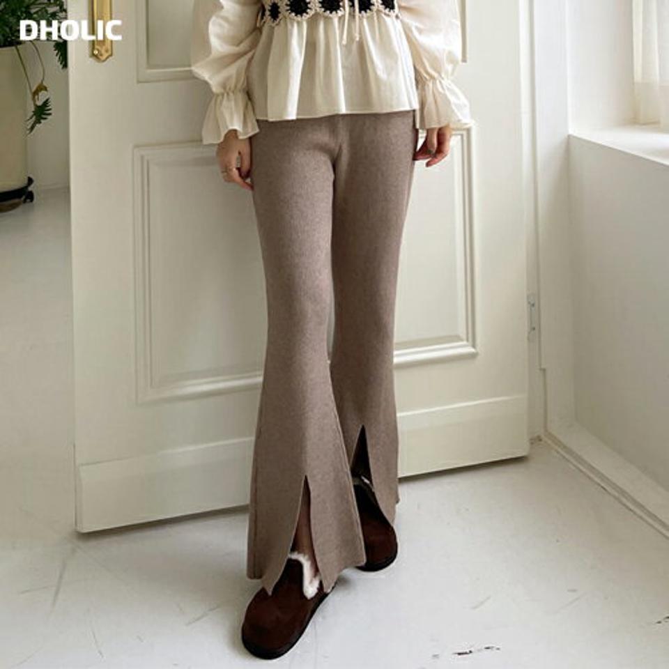 スリットフレアニットパンツ・全4色・b71376 レディース 【pt】パンツ ニット ズボン ロングパンツ ニットパンツ フレアパンツ スリット 単色 無地 シンプル カジュアル ウエストゴム ラフ 大人 秋 冬 韓国ファッション ハイホリHIHOLLI