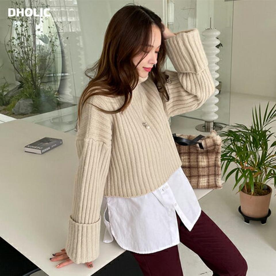 タートルネックロールアップニット・全4色・71311 レディース 【tops】トップス ニット 長袖 タートルネック ロールアップ ハイネック 単色 無地 シンプル カジュアル クロップド丈 冬 韓国ファッション ハイホリHIHOLLI