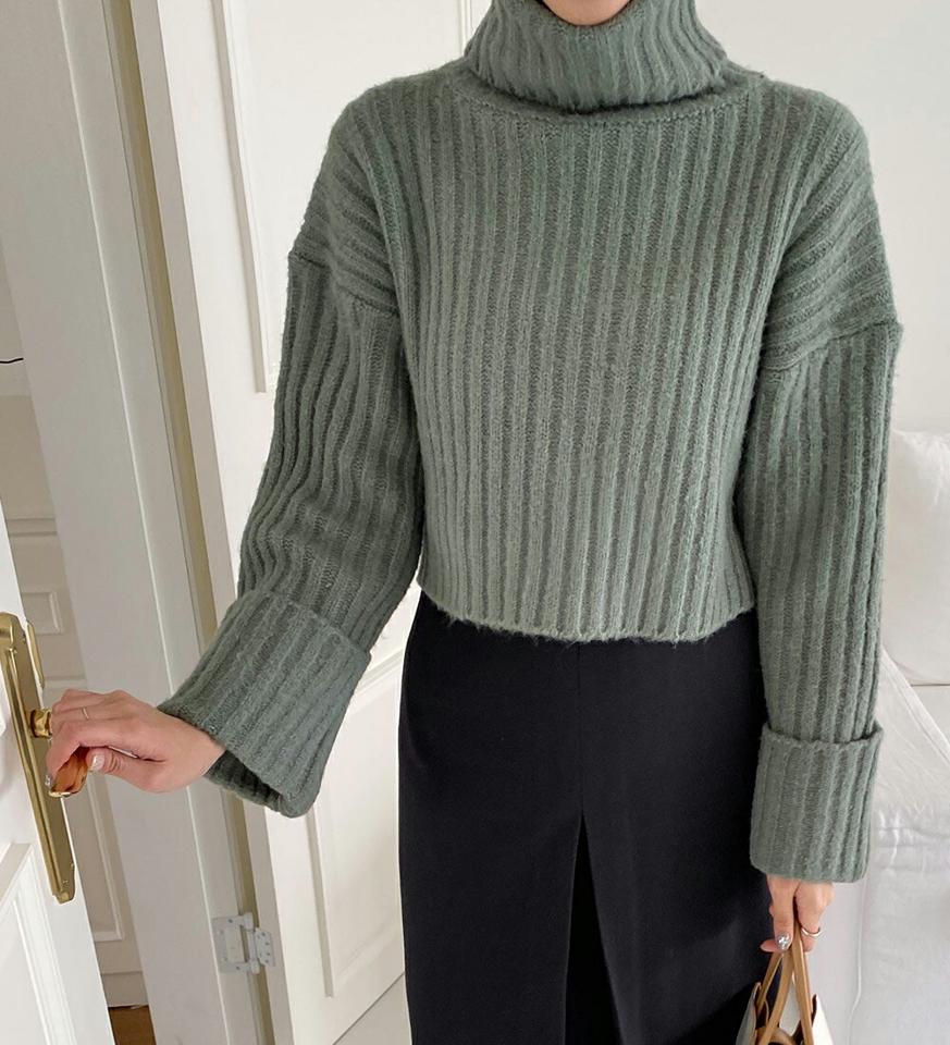 タートルネックロールアップニット・全4色・71311 レディース 【tops】トップス ニット 長袖 タートルネック ロールアップ ハイネック 単色 無地 シンプル カジュアル クロップド丈 冬 韓国ファッション ハイホリHIHOLLI