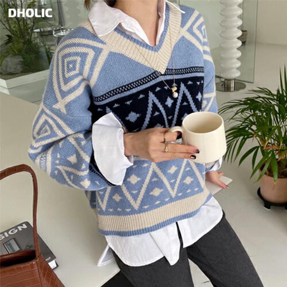 Vネックマルチパターンニット・全3色・t71372 レディース 【tops】トップス ニット 長袖 総柄 柄ニット Vネック カジュアル ラフ 長袖ニット ウール 冬 韓国ファッション ハイホリHIHOLLI