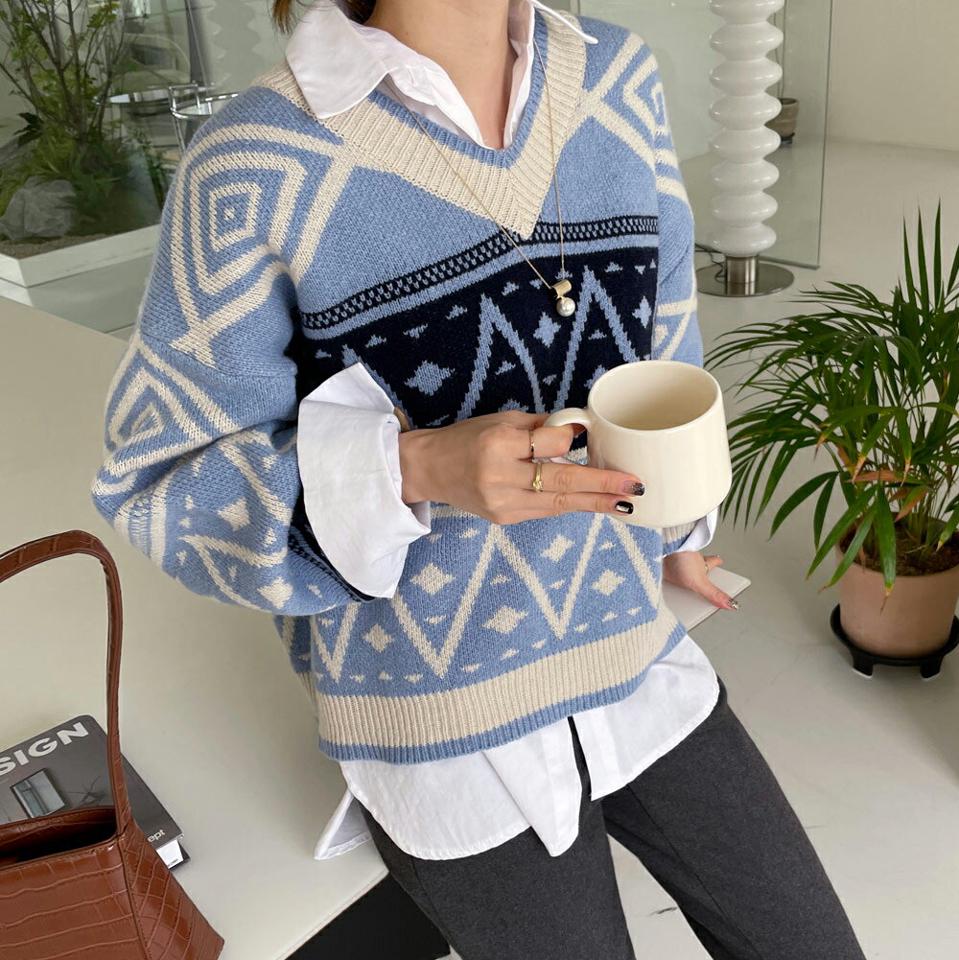 Vネックマルチパターンニット・全3色・t71372 レディース 【tops】トップス ニット 長袖 総柄 柄ニット Vネック カジュアル ラフ 長袖ニット ウール 冬 韓国ファッション ハイホリHIHOLLI