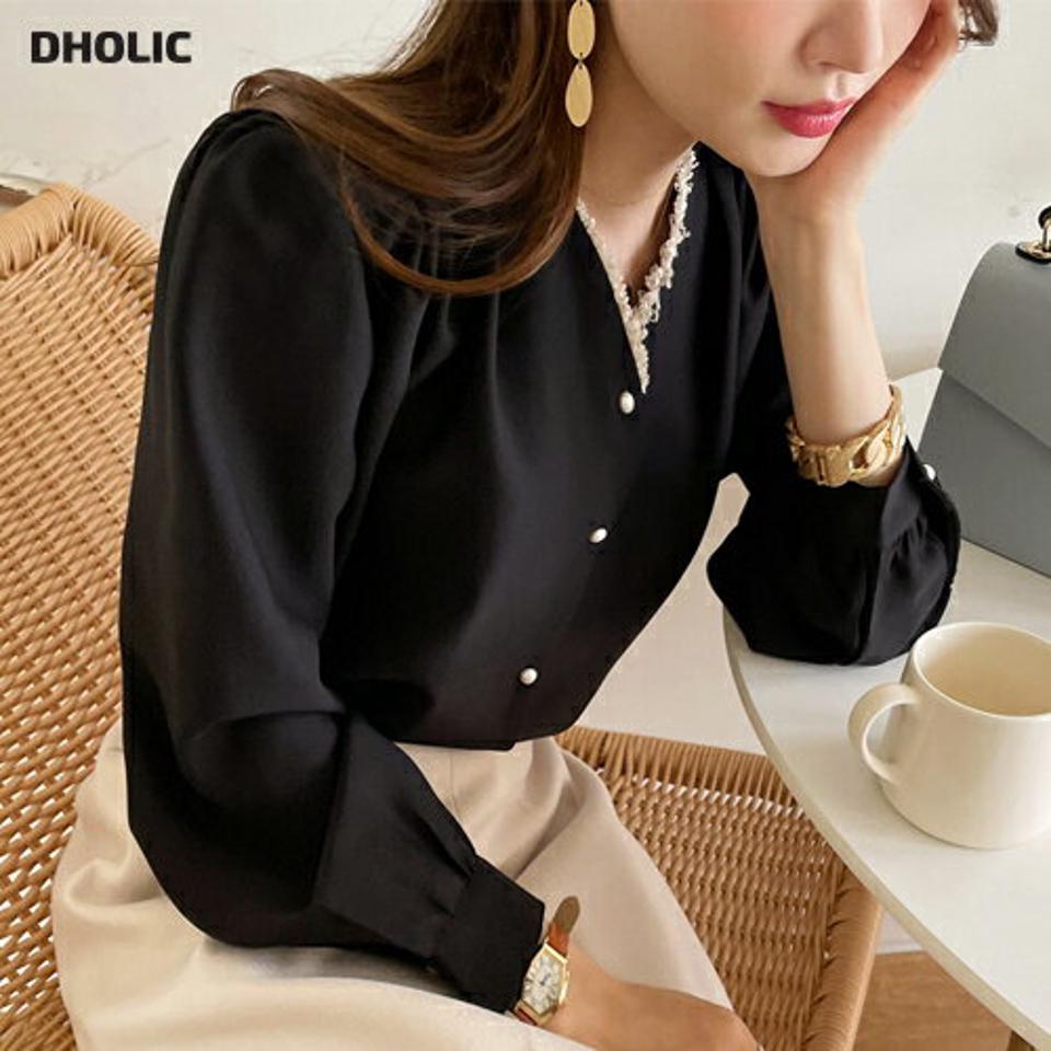 Vネックツイードラインブラウス・全4色・71367 レディース 【bl】トップス ブラウス 長袖 Vネック ツイード 上品 大人 きれいめ オフィスカジュアル パールボタン パフスリーブ パフ袖 秋 冬 韓国ファッション ハイホリHIHOLLI