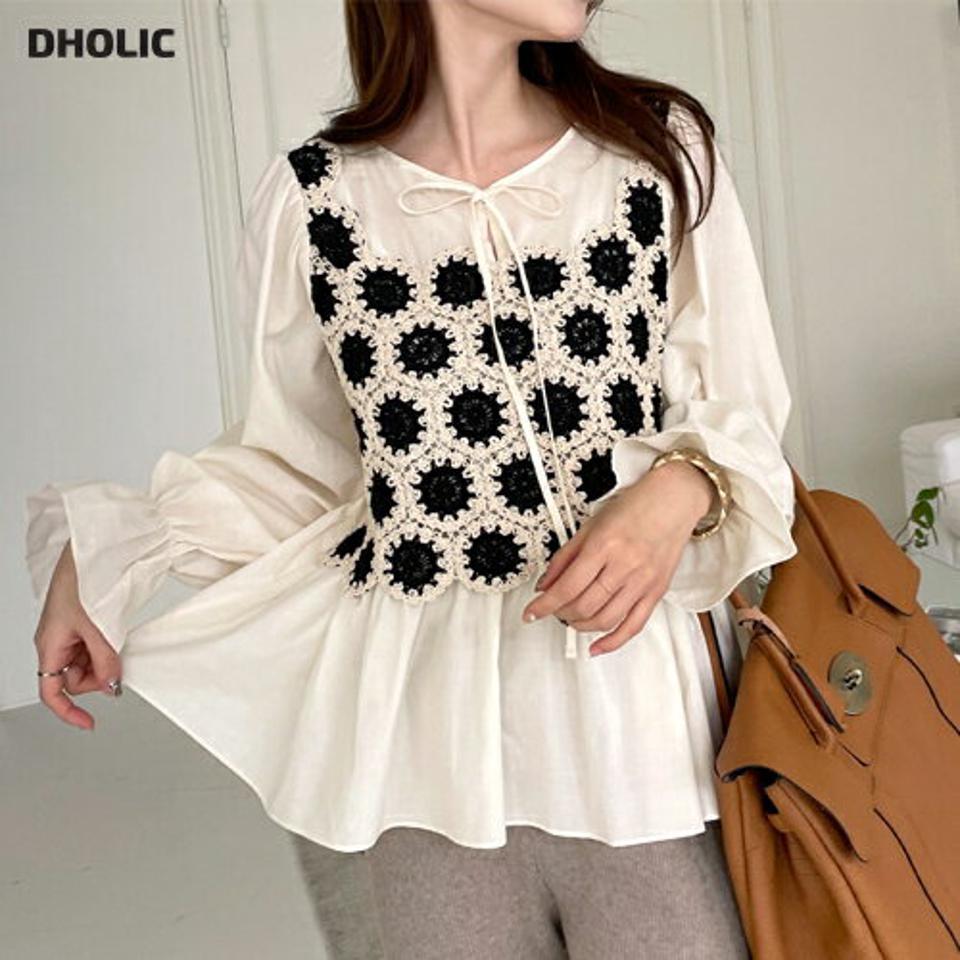 レースストラップブラウス・全2色・t71366 レディース 【bl】トップス ブラウス 長袖 レース 重ね着 レイヤード風 かわいい スリット カジュアル パフスリーブ パフ袖 秋 冬 韓国ファッション ハイホリHIHOLLI