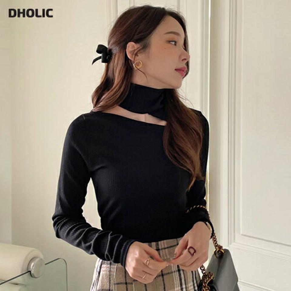 スリットハイネックTシャツ・全3色・t00781 レディース 【tops】トップス Tシャツ 長袖 カットアウト ハイネック スリット 単色 無地 シンプル デコルテ 鎖骨 大人 秋 冬 韓国ファッション ハイホリHIHOLLI