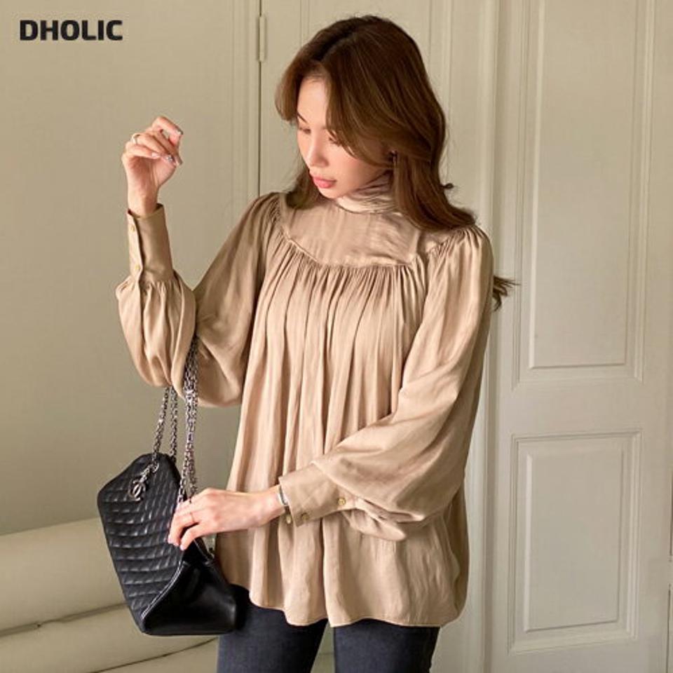 ハイネックギャザーフレアブラウス・全4色・b00783 レディース 【bl】トップス ブラウス 長袖 ギャザー ハイネック フレア フェミニン 大人 光沢感 単色 アンバランス 上品 秋 冬 韓国ファッション ハイホリHIHOLLI