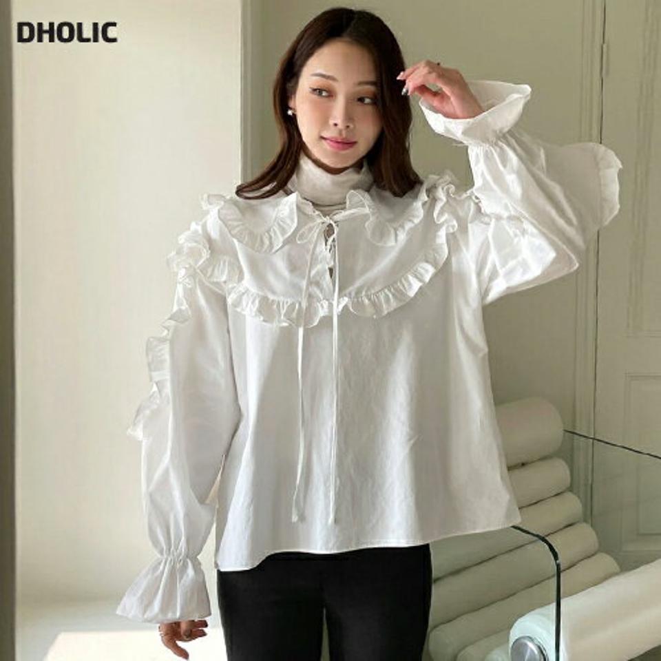 ビッグフリルカラーブラウス・全2色・t00784 レディース 【bl】トップス ブラウス 長袖 ビッグカラー フリル 襟 かわいい 可愛い ガーリー 大人 白ブラウス ゆったり 秋 冬 韓国ファッション ハイホリHIHOLLI