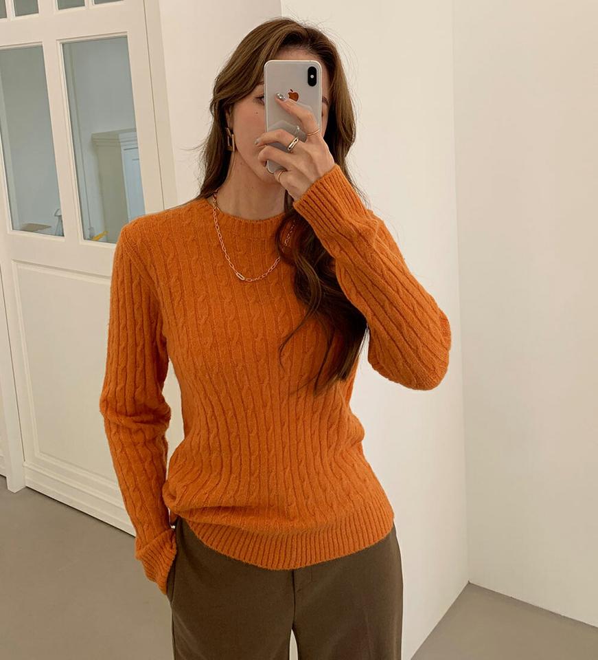 アルパカ混ラウンドツイストニット・全6色・t00785 レディース 【tops】トップス ニット 長袖 ツイスト編み ラウンドネック 単色 シンプル カジュアル ラフ 大人 アルパカ ウール 秋 冬 韓国ファッション ハイホリHIHOLLI