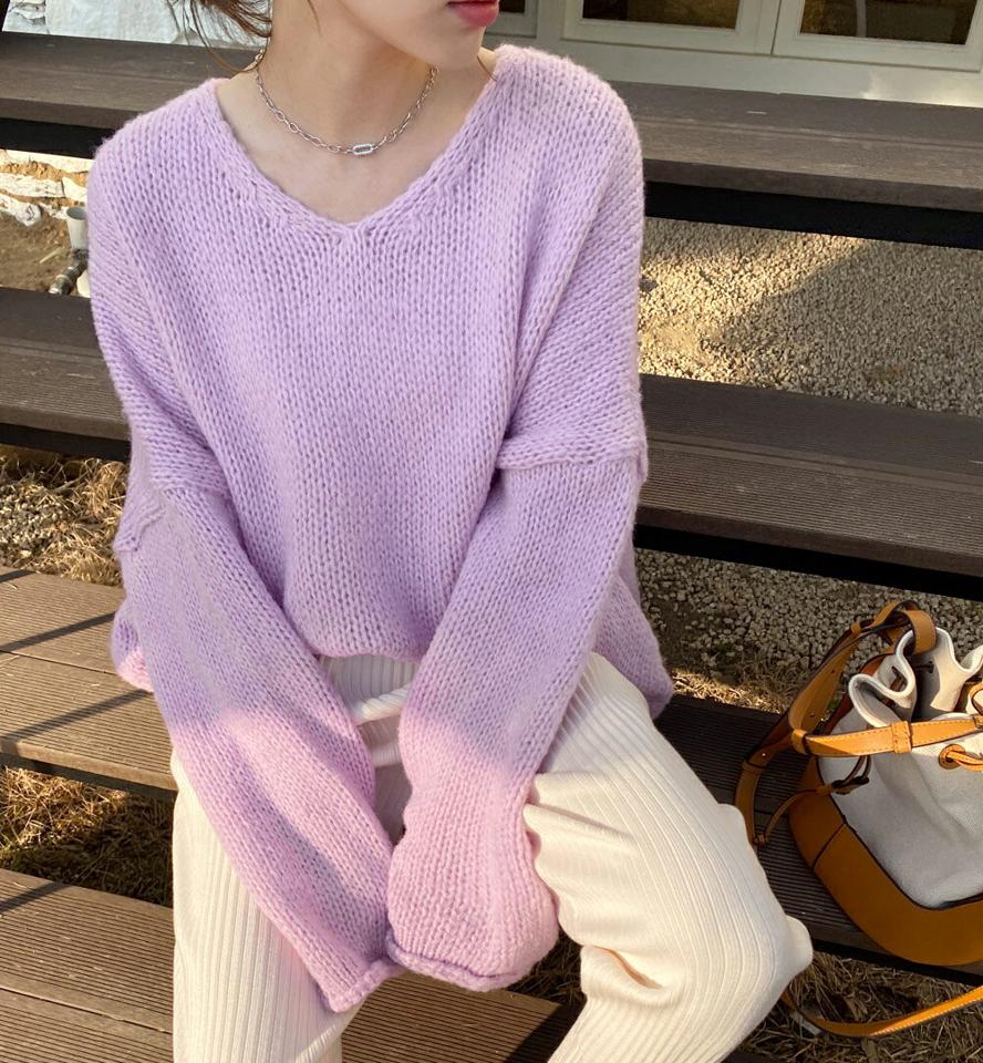 【只今10%OFF】アルパカ混Vネックオーバーフィットニット・全5色・t00788 レディース 【tops】トップス 長袖 オーバーサイズ ゆったり 単色 無地 パステル くすみ ベーシック 大人 Vネック ラフ カラーニット 秋 冬 韓国ファッション ハイホリHIHOLLI【ニットセール】