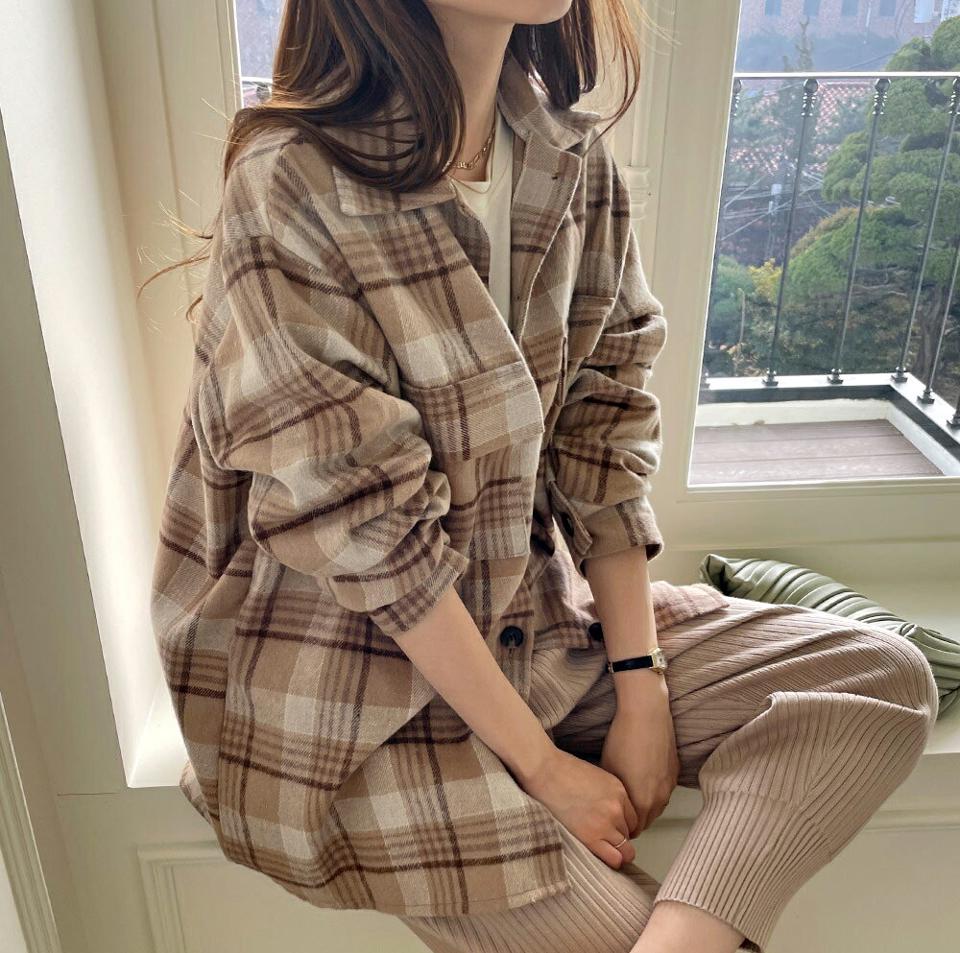 起毛フラップポケットチェックシャツ・全3色・t00791 レディース 【bl】トップス シャツ 長袖 チェックシャツ チェック柄 起毛 カジュアル ラフ 大人 秋 冬 韓国ファッション ハイホリHIHOLLI