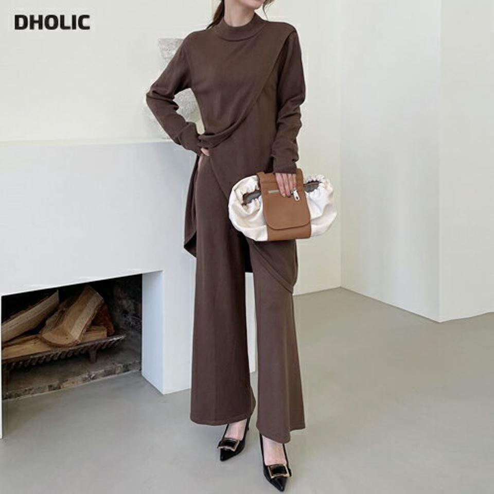 スリットロングニット&ワイドパンツSET・全3色・b00793 レディース 【pt】セットアップ ニットアップ ニット トップス 長袖 パンツ スリット ハーフネック ウエストゴム 単色 無地 シンプル ラフ 大人 秋 冬 韓国ファッション ハイホリHIHOLLI