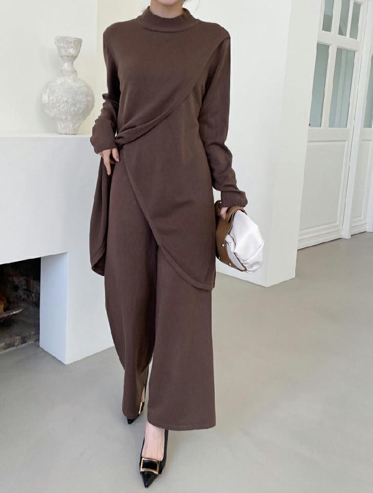 スリットロングニット&ワイドパンツSET・全3色・b00793 レディース 【pt】セットアップ ニットアップ ニット トップス 長袖 パンツ スリット ハーフネック ウエストゴム 単色 無地 シンプル ラフ 大人 秋 冬 韓国ファッション ハイホリHIHOLLI