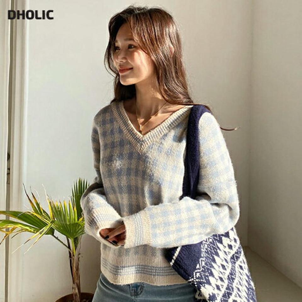 ラインへムチェックVネックニット・全5色・t63094 レディース 【tops】韓国ファッション トップス ニット 大人 長袖 Vネック パステルカラー チェック柄 ドロップショルダー シンプル 異素材 体型カバー フェミニン カジュアル ガーリー 秋 冬