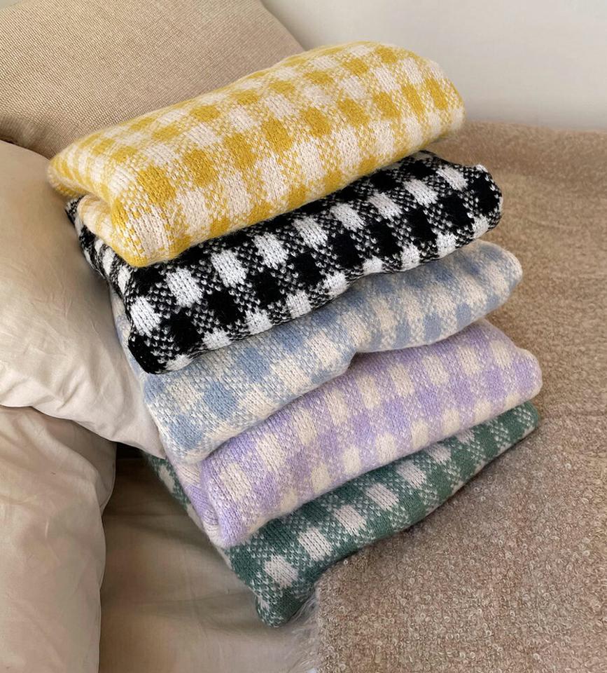 ラインへムチェックVネックニット・全5色・t63094 レディース 【tops】韓国ファッション トップス ニット 大人 長袖 Vネック パステルカラー チェック柄 ドロップショルダー シンプル 異素材 体型カバー フェミニン カジュアル ガーリー 秋 冬