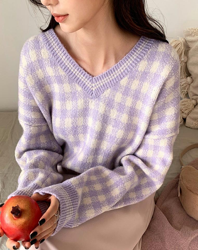 ラインへムチェックVネックニット・全5色・t63094 レディース 【tops】韓国ファッション トップス ニット 大人 長袖 Vネック パステルカラー チェック柄 ドロップショルダー シンプル 異素材 体型カバー フェミニン カジュアル ガーリー 秋 冬