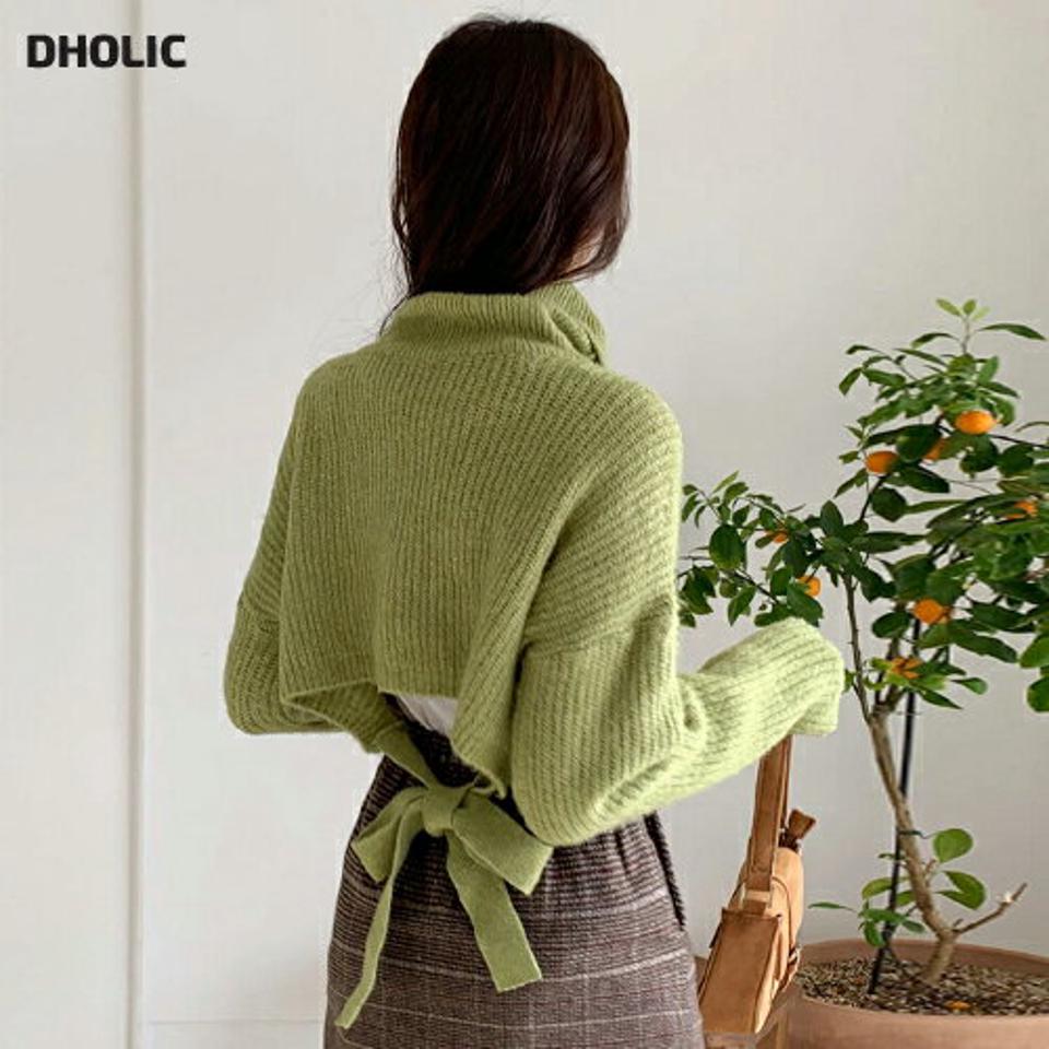 【只今10%OFF】タートルネッククロップドリボンニット・全5色・t63097 レディース 【tops】韓国ファッション トップス ニット 大人 長袖 タートルネック クロップド丈 リボン ドロップショルダー 無地 シンプル カラーニット 体型カバー フェミニン 秋 冬【ニットセール】
