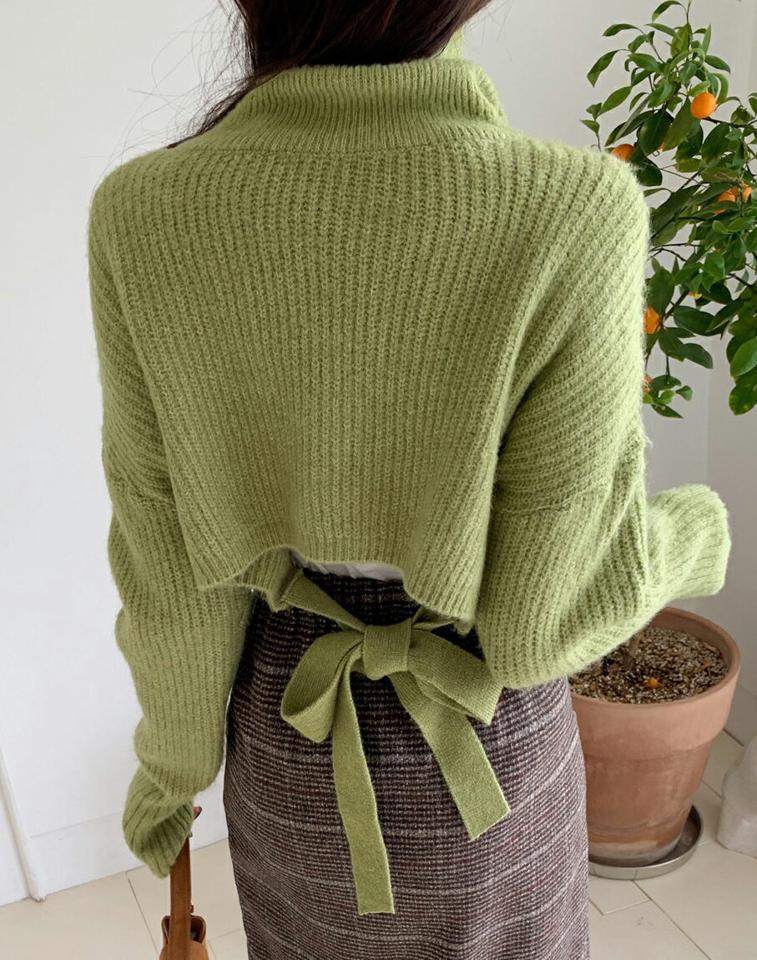 【只今10%OFF】タートルネッククロップドリボンニット・全5色・t63097 レディース 【tops】韓国ファッション トップス ニット 大人 長袖 タートルネック クロップド丈 リボン ドロップショルダー 無地 シンプル カラーニット 体型カバー フェミニン 秋 冬【ニットセール】
