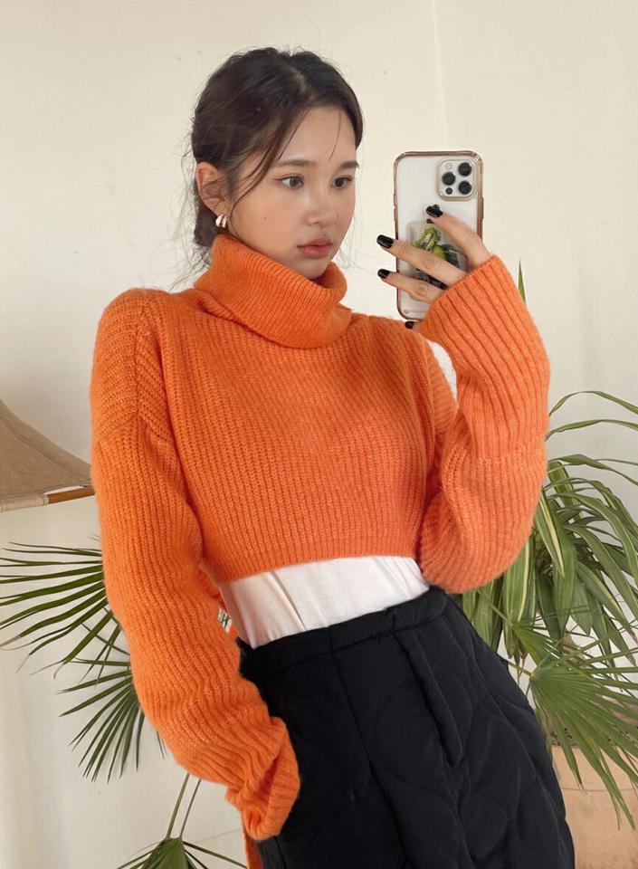 【只今10%OFF】タートルネッククロップドリボンニット・全5色・t63097 レディース 【tops】韓国ファッション トップス ニット 大人 長袖 タートルネック クロップド丈 リボン ドロップショルダー 無地 シンプル カラーニット 体型カバー フェミニン 秋 冬【ニットセール】