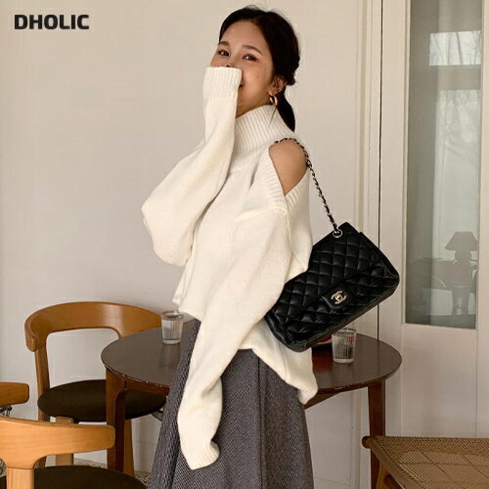 即日配送 ショルダースリットハイネックニット・全4色・t63117 レディース 【tops】韓国ファッション トップス ニット 大人 長袖 ハイネック ショルダースリット 無地 シンプル 異素材 体型カバー フェミニン カジュアル 秋 冬