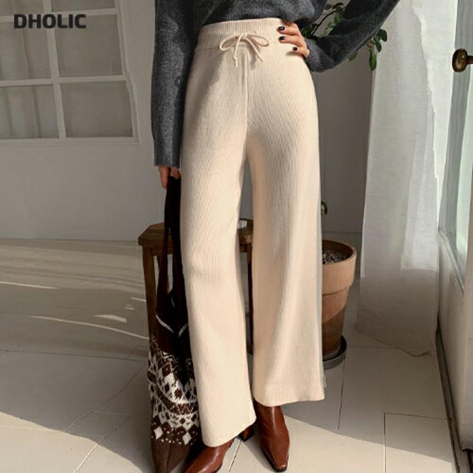 スリットリブニットパンツ・全3色・t63109 レディース 【pt】韓国ファッション ボトムス ロング ロングパンツ パンツ スリット リブ ニットパンツ ワイド ウエストゴム ストレート 無地 シンプル 体型カバー カジュアル フェミニン 秋 冬