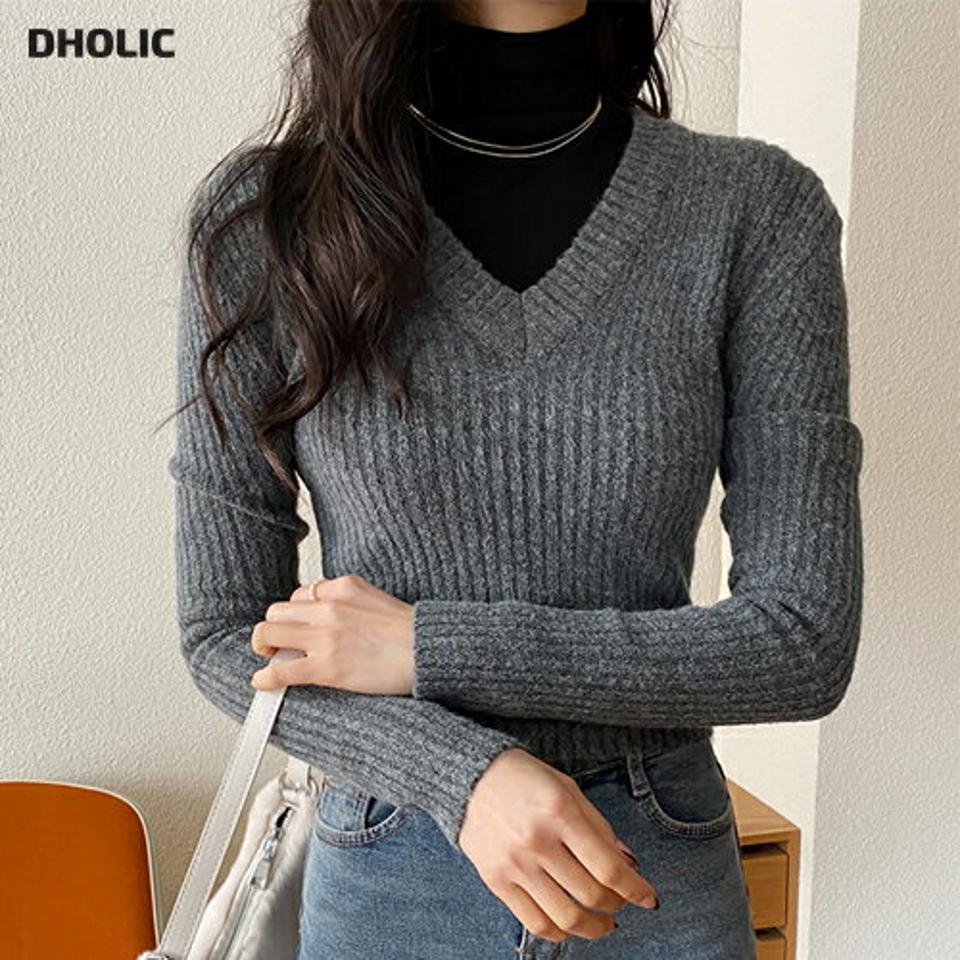 Vネッククロップドリブニット・全4色・t66034 レディース 【tops】韓国ファッション トップス ニット 大人 長袖 Vネック クロップド丈 リブ 単色 シンプル スリム フェミニン カジュアル 秋 冬