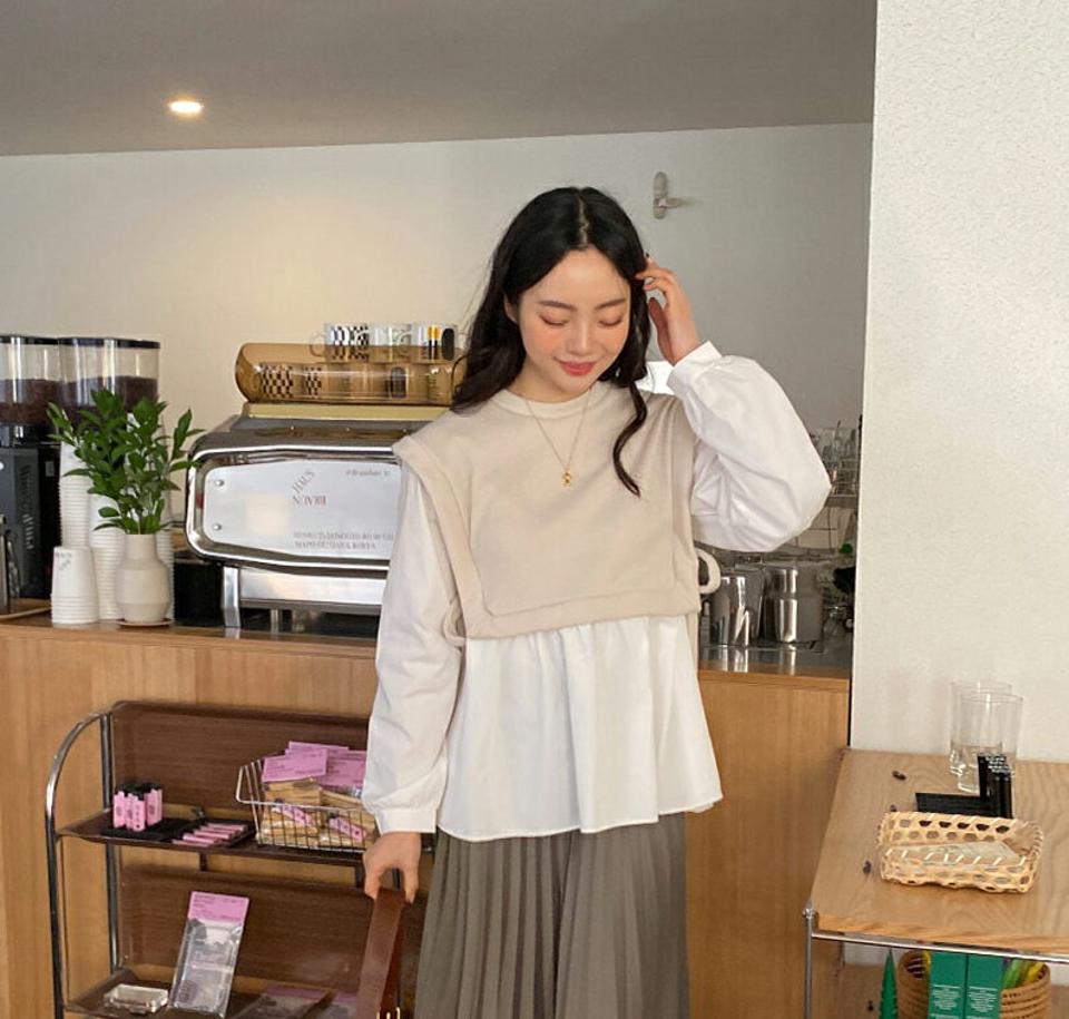 リボンコントラストフレアTシャツ・全3色・t66025 レディース 【tops】韓国ファッション トップス Tシャツ 大人 長袖 ラウンドネック リボン コントラスト フレア リボン シンプル 異素材 細身 フェミニン カジュアル 秋 冬