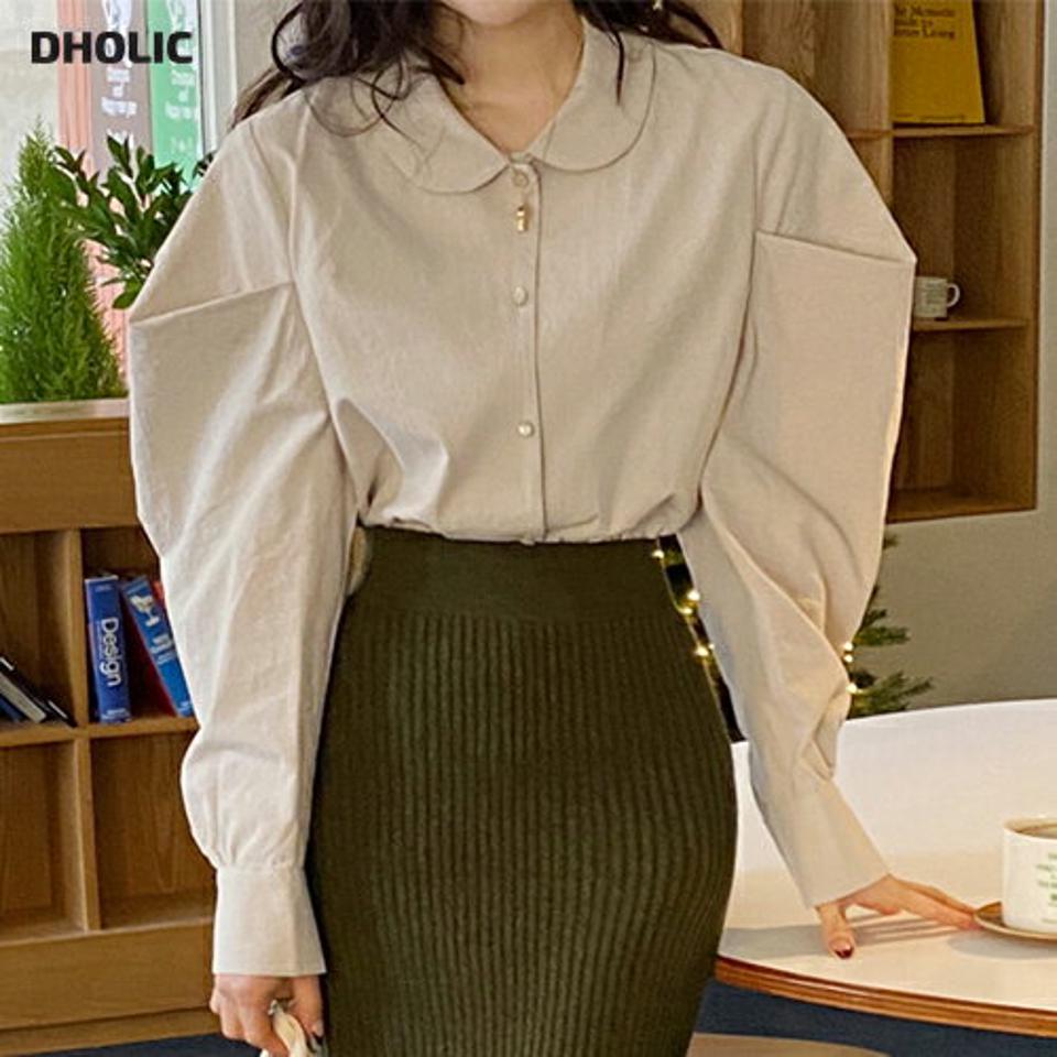 パフラウンドカラーシャツ・全3色・t66024 レディース 【bl】韓国ファッション トップス ブラウス 長袖 ラウンドカラーネック アンバランス ボタン パフスリーブ 無地 シンプル 大人 体型カバー カジュアル フェミニン 秋 冬