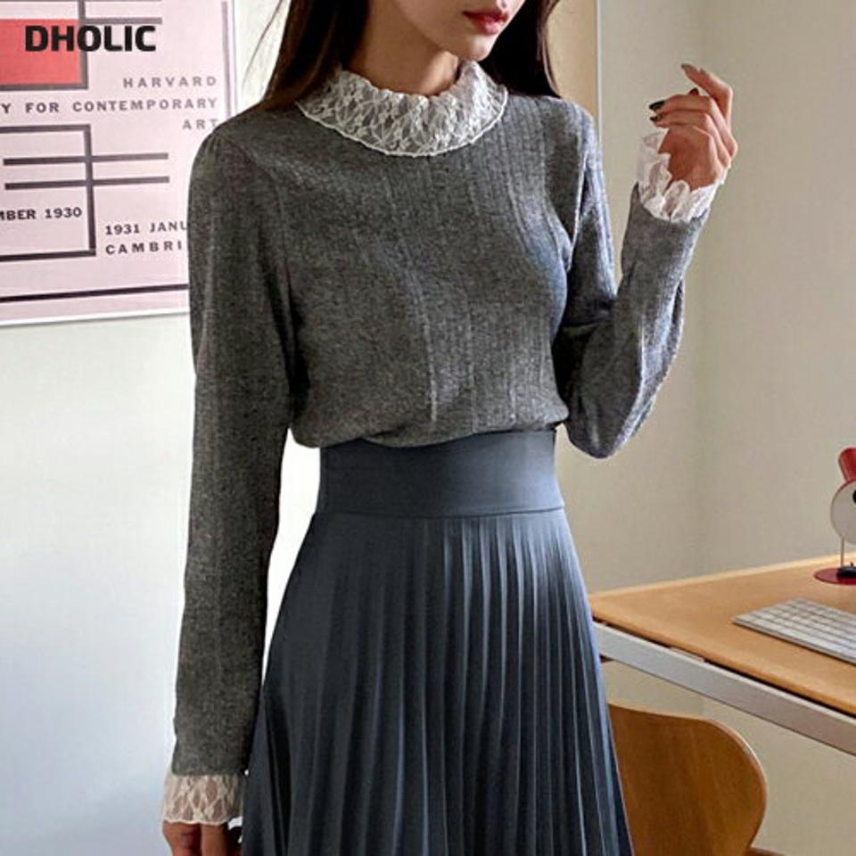 レースリブTシャツ・全3色・t66012 レディース 【tops】韓国ファッション トップス Tシャツ 大人 長袖 スリム レース スリーブリブ シンプル スリット 異素材 細身 フェミニン カジュアル 秋 冬