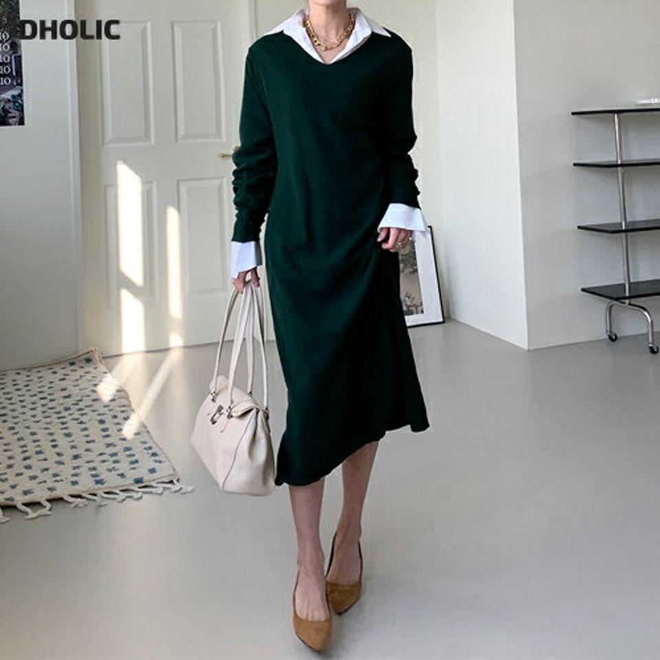 VネックIラインニットワンピース・全4色・b71426 レディース 【ops】ワンピース ロング丈 ロングワンピース ニット 長袖 Iライン Vネック 単色 無地 シンプル カジュアル ラフ 秋 冬 韓国ファッション ハイホリHIHOLLI