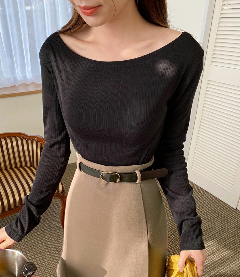 マルチリブボートネックスリムTシャツ・全3色・t71422 レディース 【tops】トップス Tシャツ 長袖 ボートネック デコルテ 鎖骨 リブトップス 単色 シンプル きれいめ 大人 秋 冬 春 韓国ファッション ハイホリHIHOLLI