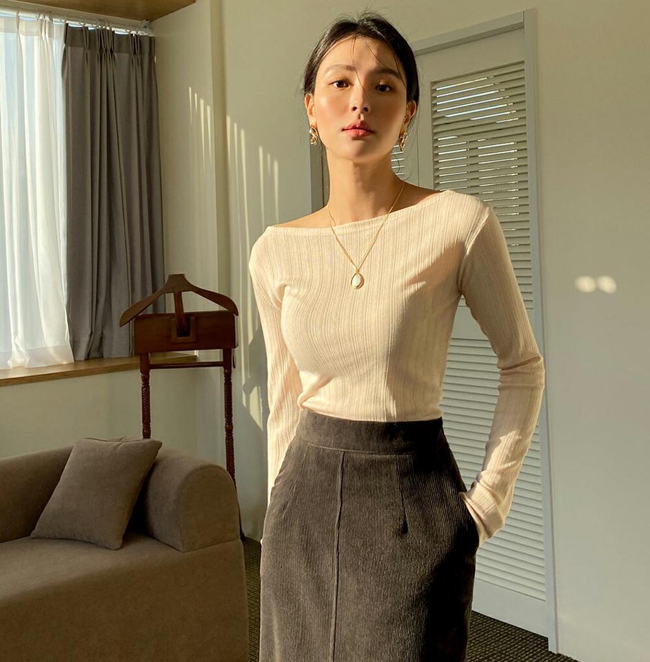 マルチリブボートネックスリムTシャツ・全3色・t71422 レディース 【tops】トップス Tシャツ 長袖 ボートネック デコルテ 鎖骨 リブトップス 単色 シンプル きれいめ 大人 秋 冬 春 韓国ファッション ハイホリHIHOLLI