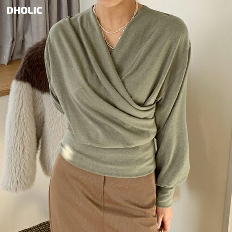 アンゴラ混ラップドレープTシャツ・全3色・b71423 レディース 【tops】トップス Tシャツ 長袖 ドレープ ラップデザイン 単色 上品 シンプル 大人 きれいめ 秋 冬 韓国ファッション ハイホリHIHOLLI