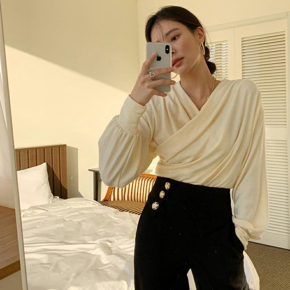 アンゴラ混ラップドレープTシャツ・全3色・b71423 レディース 【tops】トップス Tシャツ 長袖 ドレープ ラップデザイン 単色 上品 シンプル 大人 きれいめ 秋 冬 韓国ファッション ハイホリHIHOLLI
