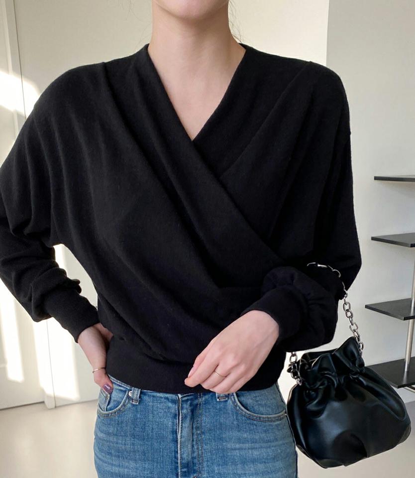 アンゴラ混ラップドレープTシャツ・全3色・b71423 レディース 【tops】トップス Tシャツ 長袖 ドレープ ラップデザイン 単色 上品 シンプル 大人 きれいめ 秋 冬 韓国ファッション ハイホリHIHOLLI