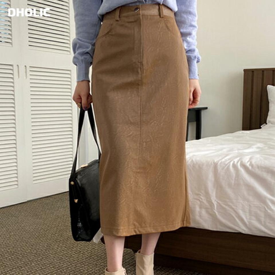 裏起毛クラックレザー調スカート・全2色・t71432 レディース 【sk】スカート ロング丈 ロングスカート 裏起毛 単色 無地 シンプル 大人 Iライン 秋 冬 韓国ファッション ハイホリHIHOLLI