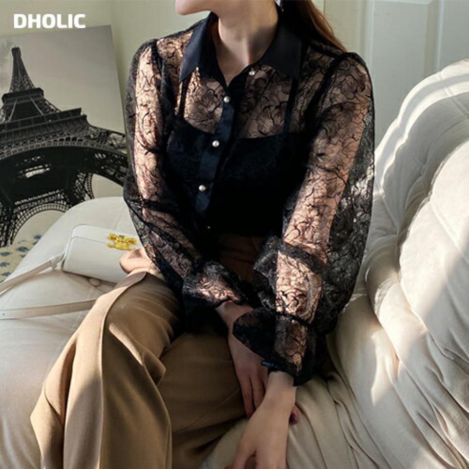 パール調ボタンレースシースルーブラウス・全2色・b71383 レディース 【bl】トップス ブラウス 長袖 シースルー シアー 透け感 パールボタン フェミニン 大人 花柄 きれいめ 秋 冬 韓国ファッション ハイホリHIHOLLI
