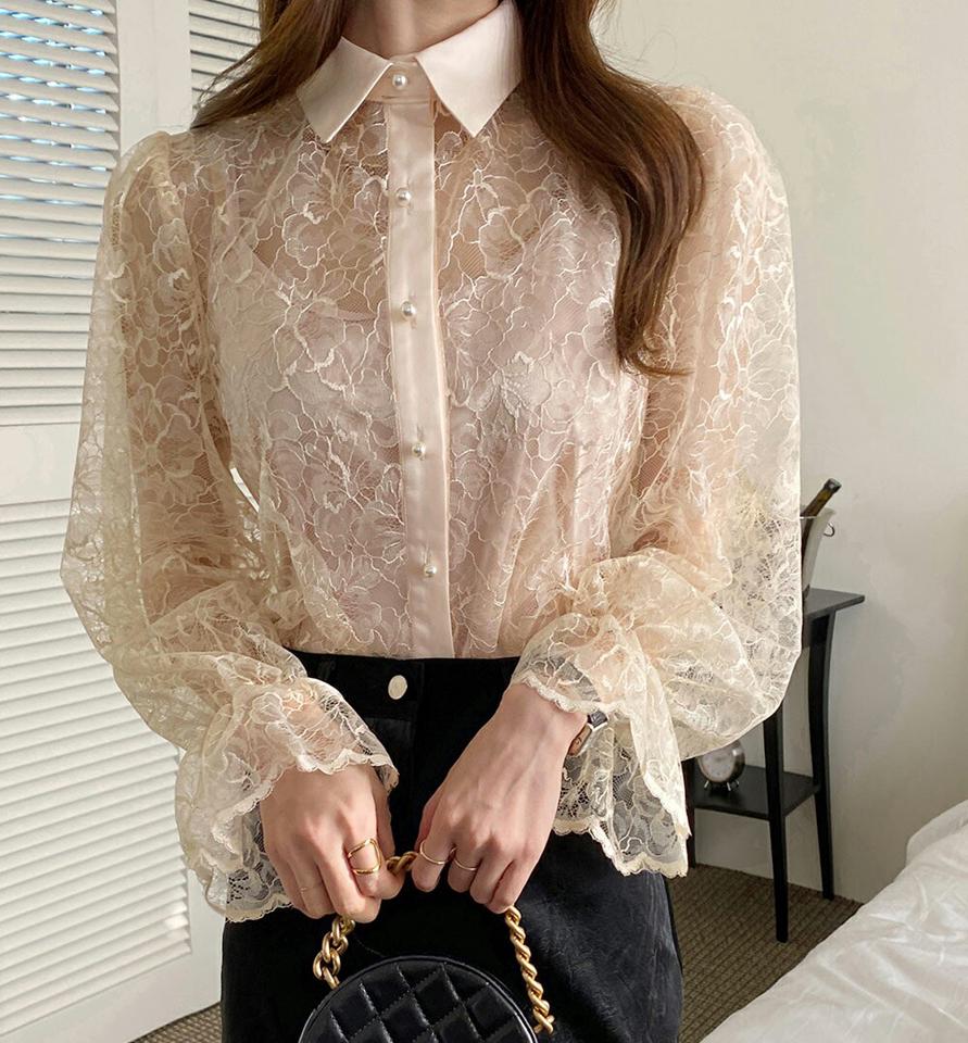 パール調ボタンレースシースルーブラウス・全2色・b71383 レディース 【bl】トップス ブラウス 長袖 シースルー シアー 透け感 パールボタン フェミニン 大人 花柄 きれいめ 秋 冬 韓国ファッション ハイホリHIHOLLI