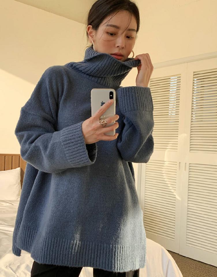 タートルネックスリットロングニット・全5色・t71393 レディース 【tops】トップス ニット 長袖 スリット タートルネック ハイネック 単色 無地 シンプル ベーシック カジュアル ラフ 大人 秋 冬 韓国ファッション ハイホリHIHOLLI