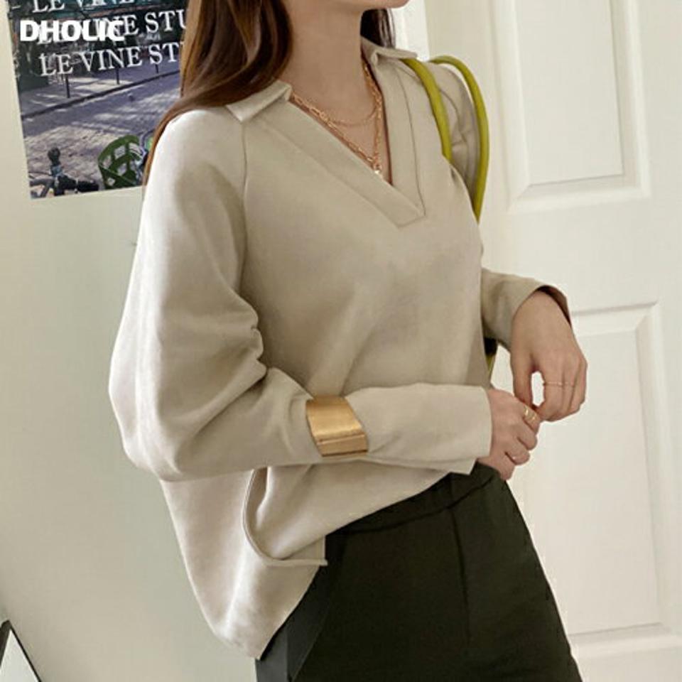 スエード調Vネックブラウス・全3色・b71428 レディース 【bl】トップス ブラウス 長袖 Vネック 単色 無地 シンプル 大人 カジュアル ポロ襟 秋 冬 韓国ファッション ハイホリHIHOLLI