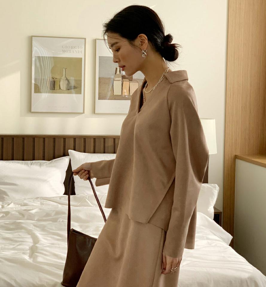 スエード調Vネックブラウス・全3色・b71428 レディース 【bl】トップス ブラウス 長袖 Vネック 単色 無地 シンプル 大人 カジュアル ポロ襟 秋 冬 韓国ファッション ハイホリHIHOLLI